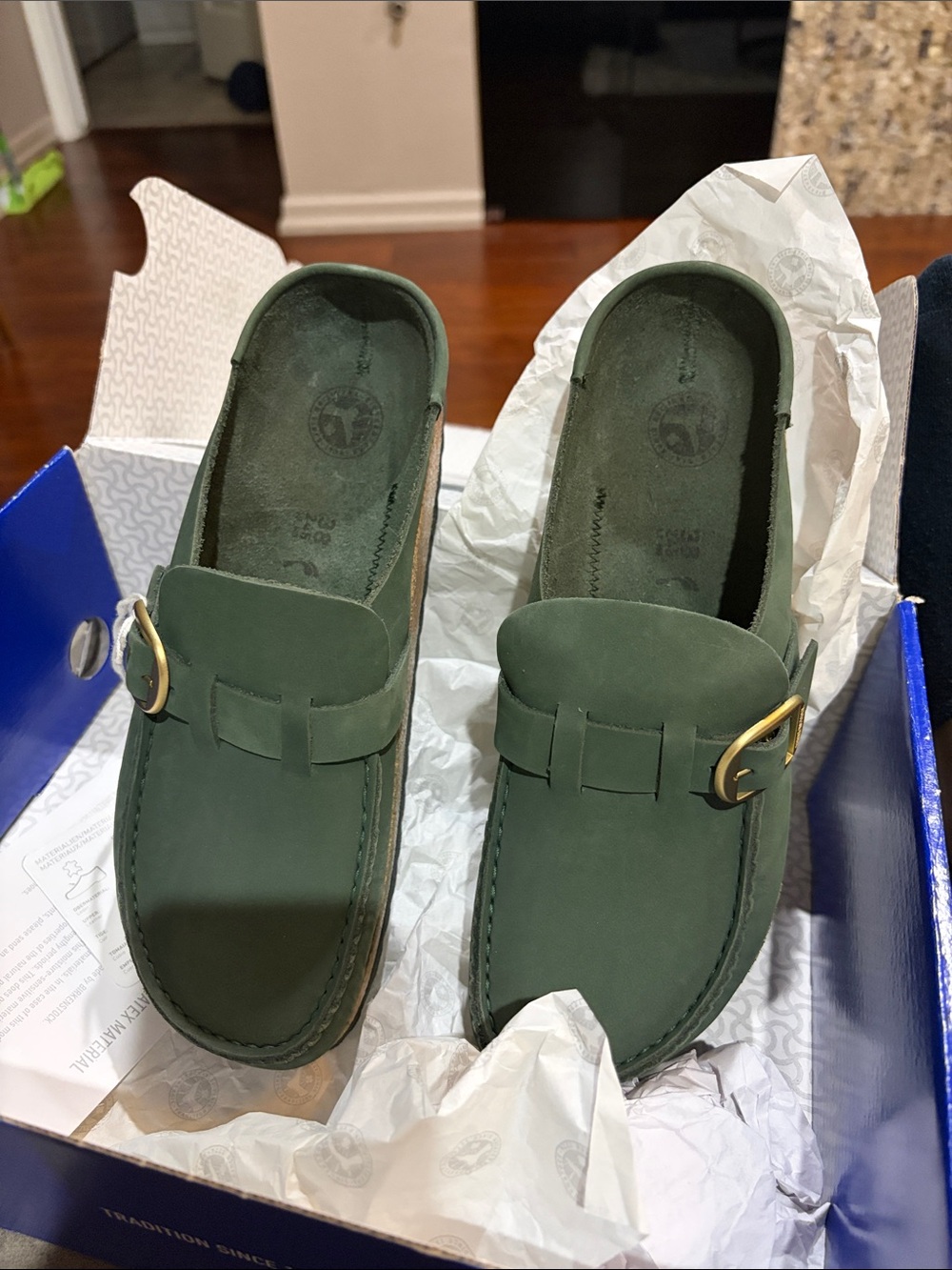 Birkenstock Dark Green Suede Buckle Loafers